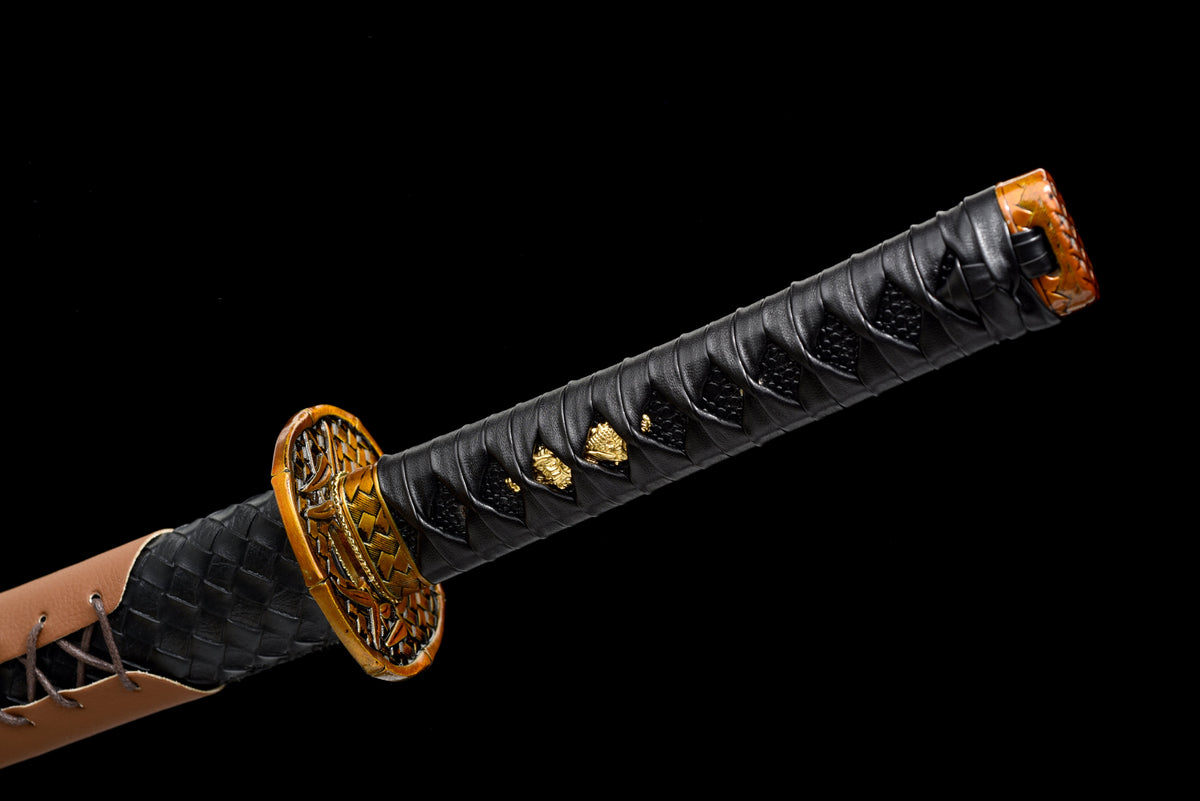 Handgefertigtes Wakizashi-Schwert aus Manganstahl mit schwarzer Lederscheide – 79 cm, echtes Katana-Schwert
