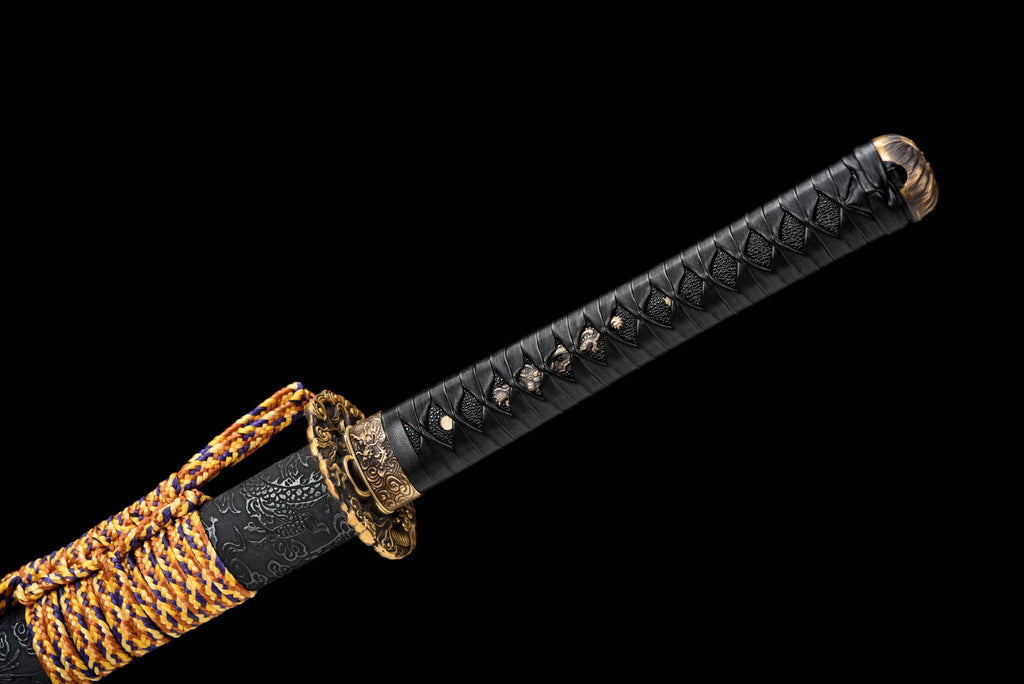 Handgefertigtes Ninjato-Schwert, Manganstahl, Full-Tang, schwarze Klinge, echtes Katana-Schwert