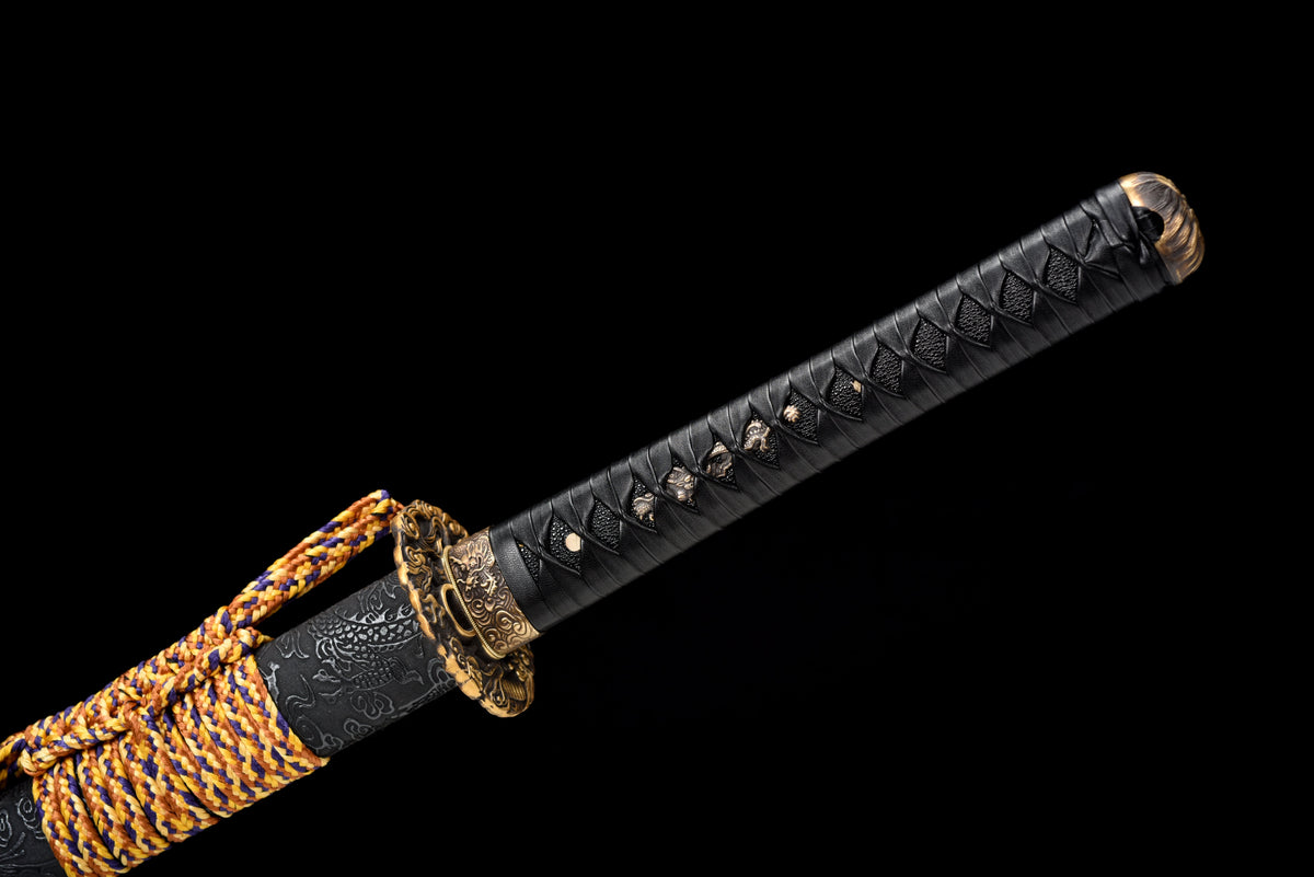 Handgefertigtes Ninjato-Schwert, Manganstahl, Full-Tang, schwarze Klinge, echtes Katana-Schwert