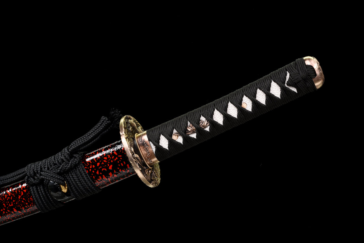 Handgefertigtes Full Tang Wakizashi-Schwert, T10-Kohlen stoffstahl, lehmgehärtete Klinge, rot gefleckte Scheide - 79 cm, echtes Katana-Schwert