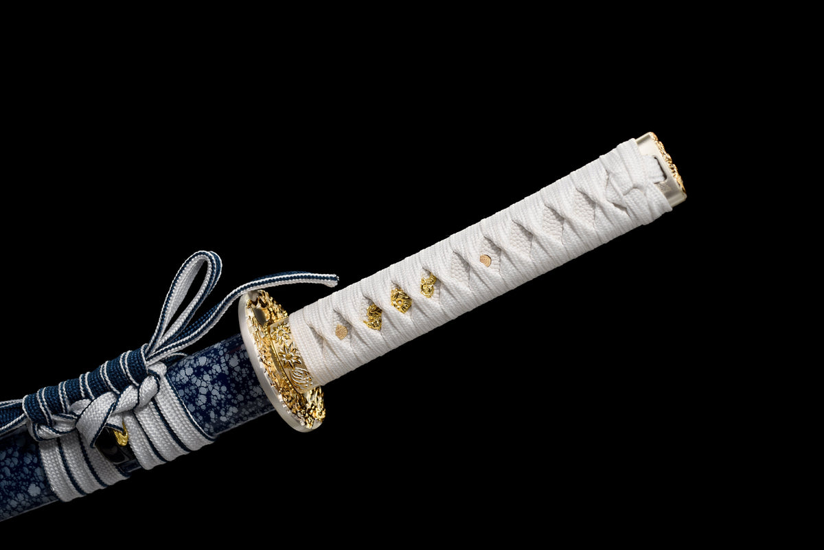 Handgefertigtes Full-Tang-Wakizashi-Schwert, Klinge aus T10-Kohlenstoffstahl, lehmgehärtet, blaue Scheide – 79 cm, echtes Katana-Schwert