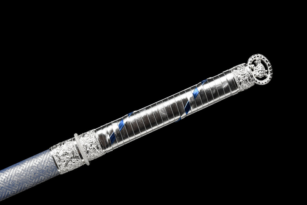 Handgefertigtes Ninja-Schwert, Manganstahl, blaue Klinge, Full Tang, blau bedruckte Scheide - 104 cm, echtes Katana-Schwert