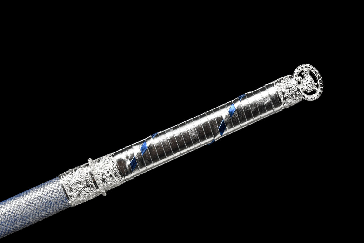 Handgefertigtes Ninja-Schwert, Manganstahl, blaue Klinge, Full Tang, blau bedruckte Scheide - 104 cm, echtes Katana-Schwert