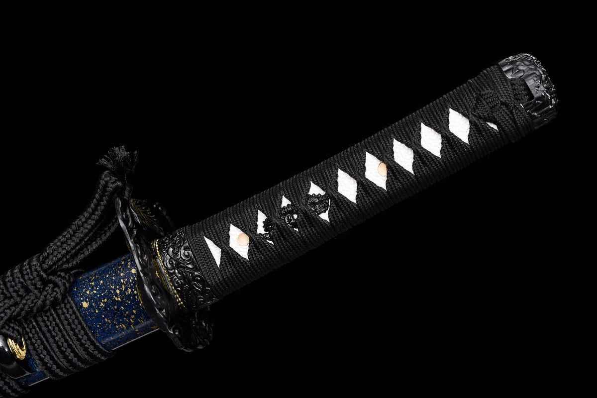 Handgefertigtes Full-Tang Wakizashi-Schwert, Damaszener Stahl, lehmgehärtete Klinge, blaue Scheide – 79 cm, echtes Katana-Schwert