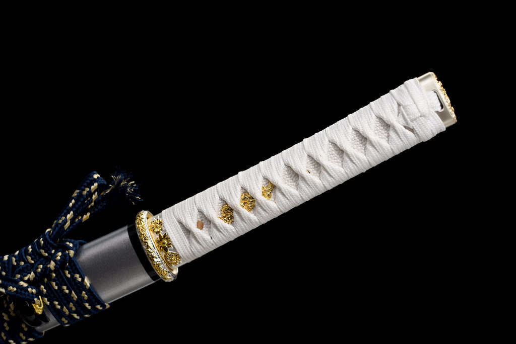 Handgefertigtes Full-Tang-Wakizashi-Schwert, Damaszener Stahl, lehmgehärtete Klinge, weiß bedruckte Scheide – 79 cm, echtes Katana-Schwert