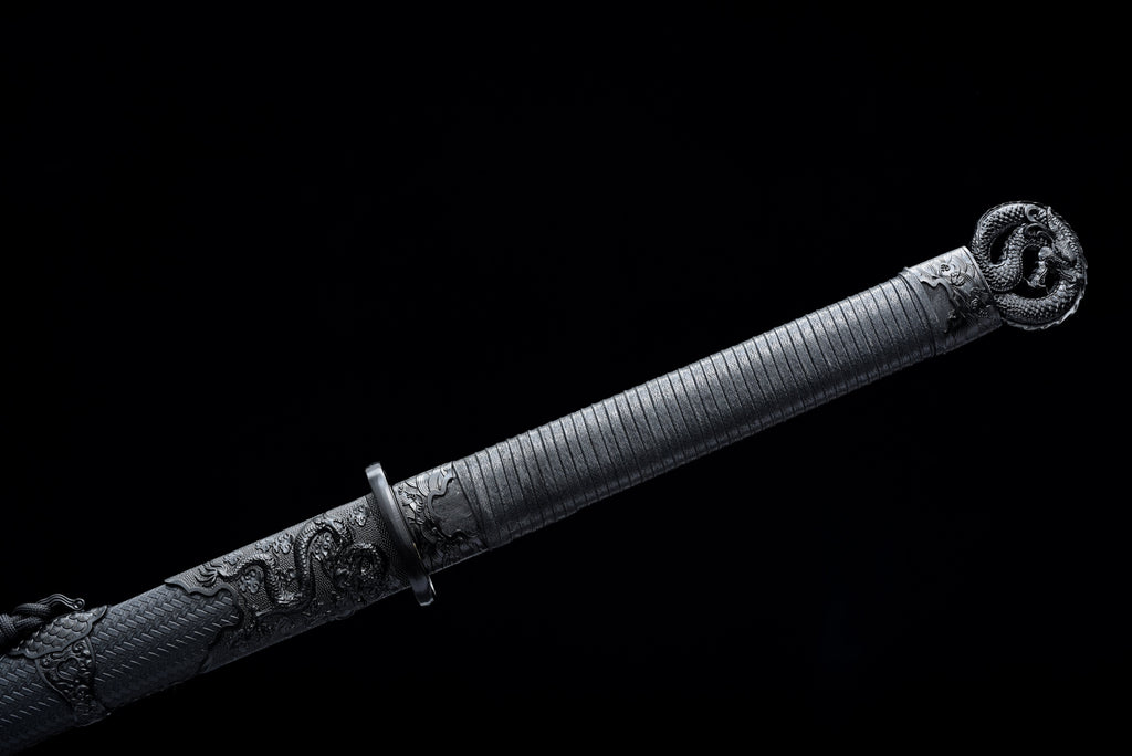 Handgefertigtes Ninjato-Schwert, Federstahl, Full Tang, schwarze Scheide - 107 cm, echtes Katana-Schwert