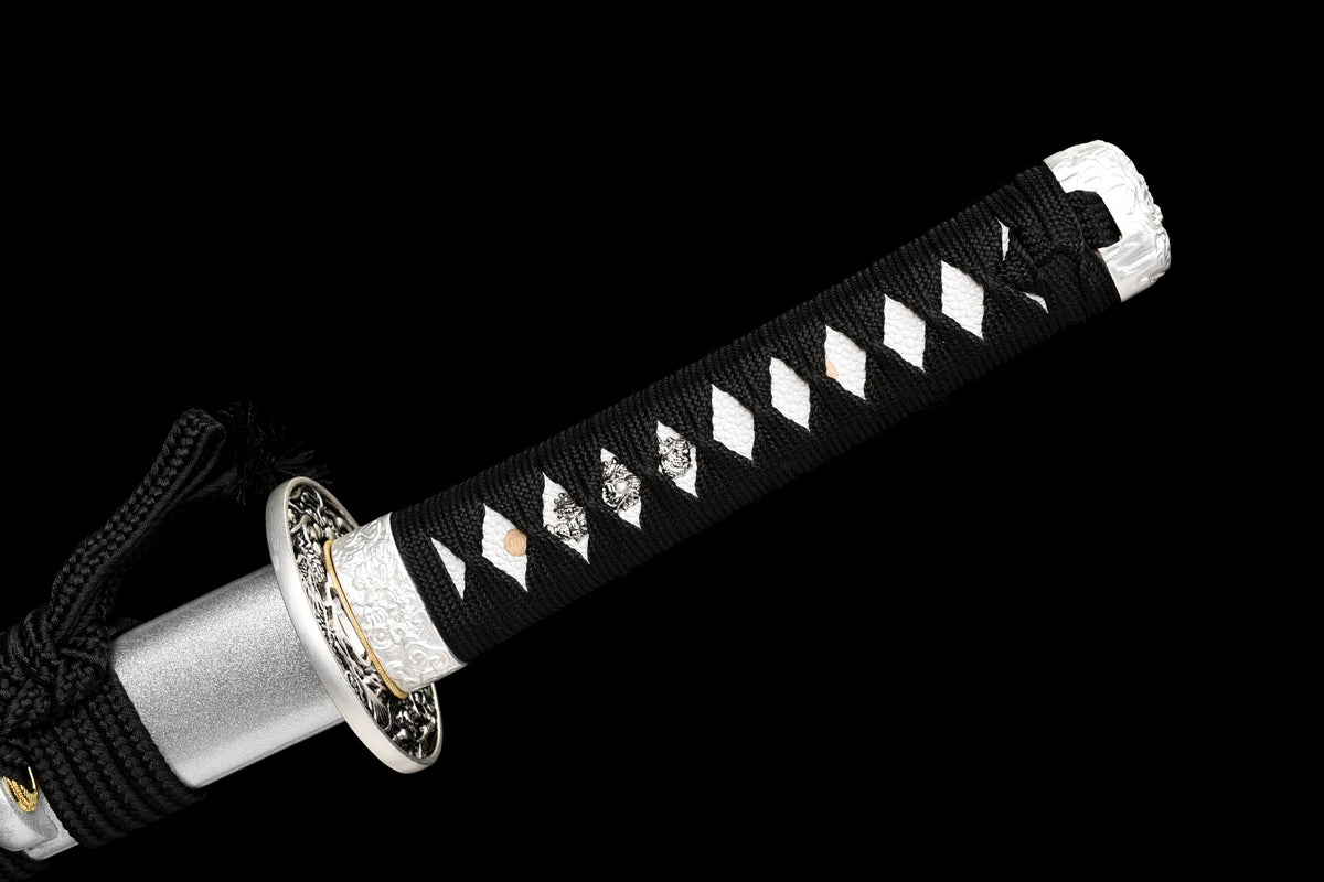 Handgefertigtes Wakizashi-Schwert aus Damaszenerstahl mit weißer Lederscheide – 79 cm, echtes Katana-Schwert