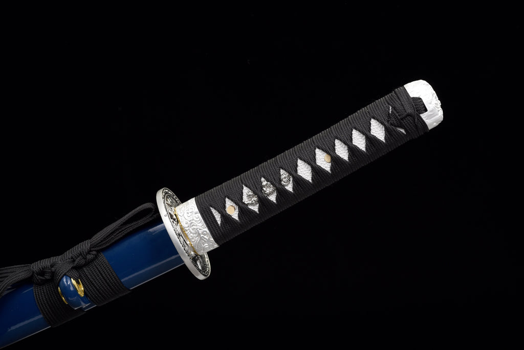 Handgefertigtes Wakizashi-Schwert aus 1045 Kohlenstoffstahl mit blauer Scheide – 79 cm, echtes Katana-Schwert
