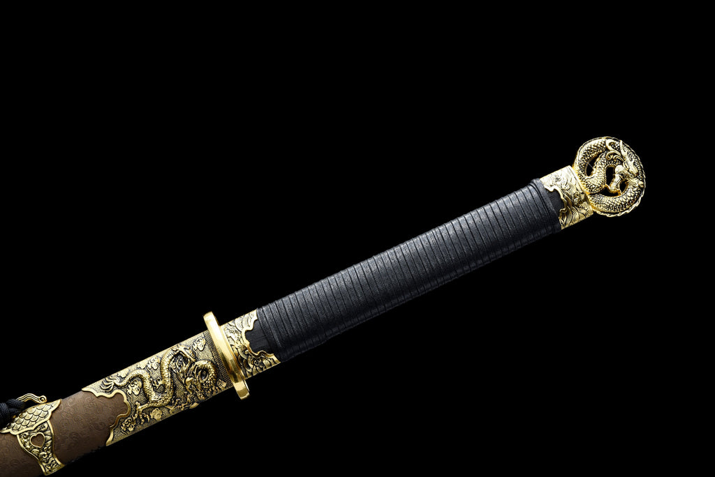 Handgefertigtes Ninja-Schwert, Klinge aus Manganstahl, Full Tang, goldene Lederscheide – 107 cm, echtes Katana-Schwert