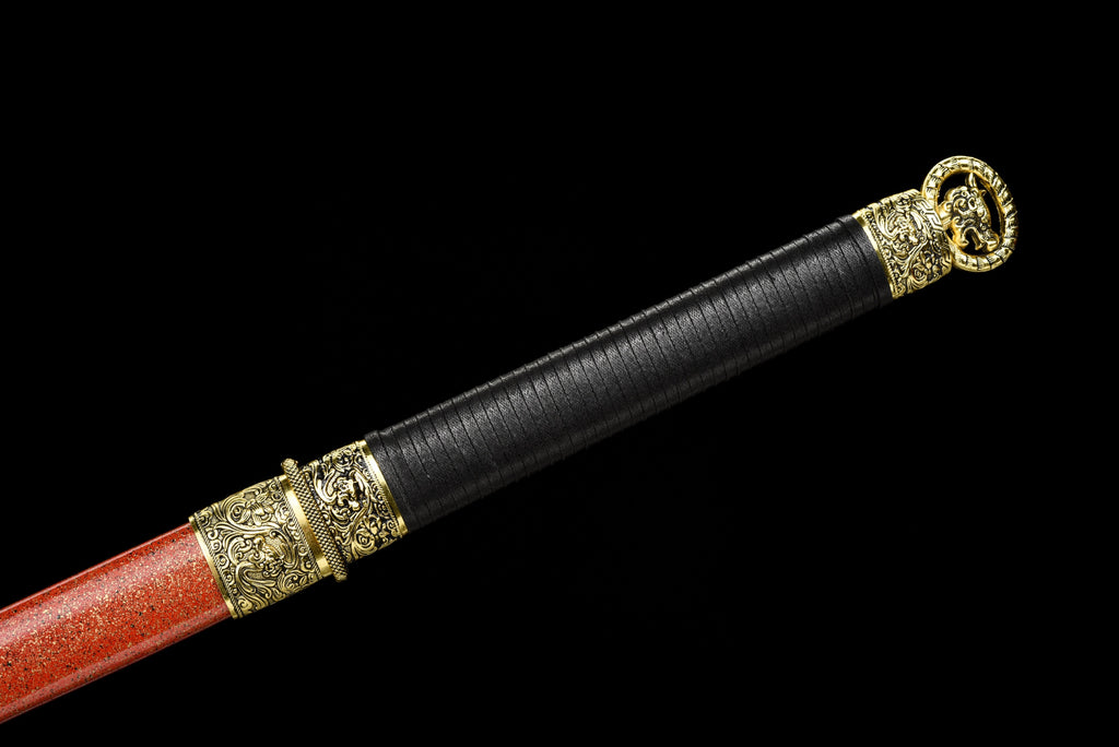 Handgefertigtes Ninja-Schwert, Federstahl, Klinge mit Schnitzmuster, Full Tang, rote Scheide mit Punkt – 42 Zoll, echtes Katana-Schwert