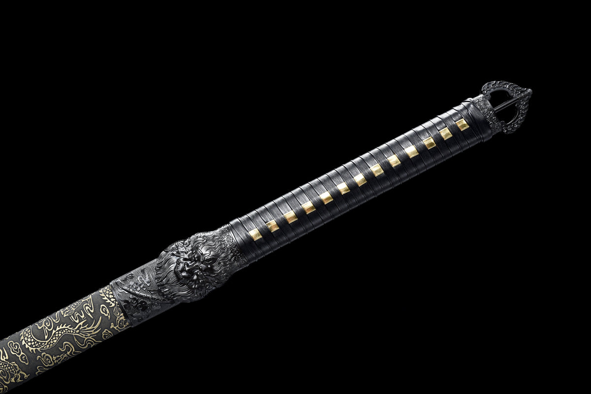 Handgefertigtes Ninjato-Schwert aus Damaszener Stahl, Full Tang, goldene Lederscheide mit schwarzer Kordelwicklung, echtes Katana-Schwert