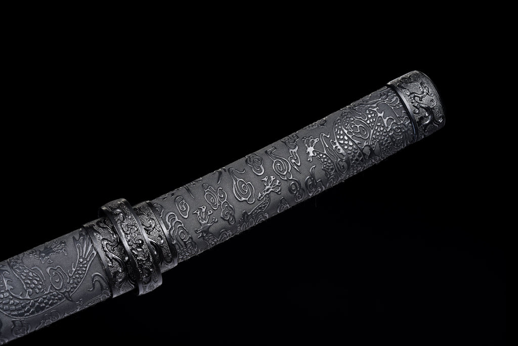 Handgefertigtes Wakizashi-Schwert aus rotem Damaszener Stahl mit schwarzer Lederscheide – 79 cm, echtes Katana-Schwert