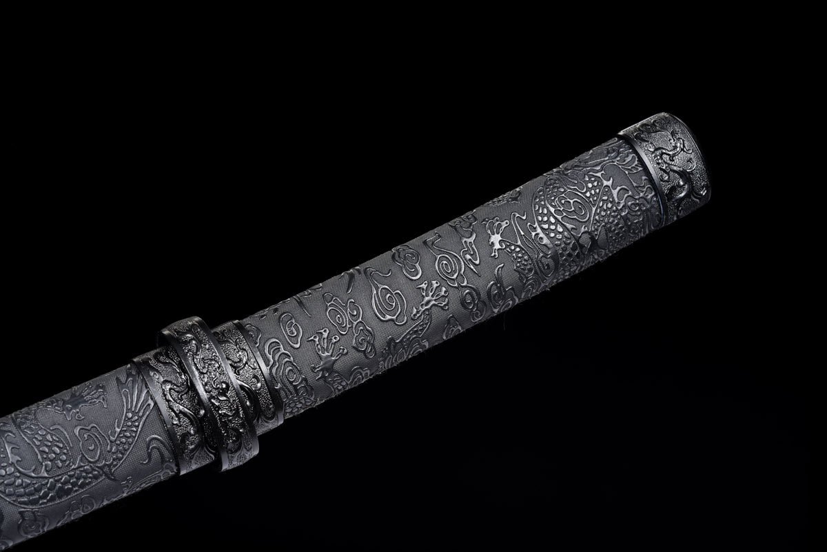 Handgefertigtes Wakizashi-Schwert aus rotem Damaszener Stahl mit schwarzer Lederscheide – 79 cm, echtes Katana-Schwert