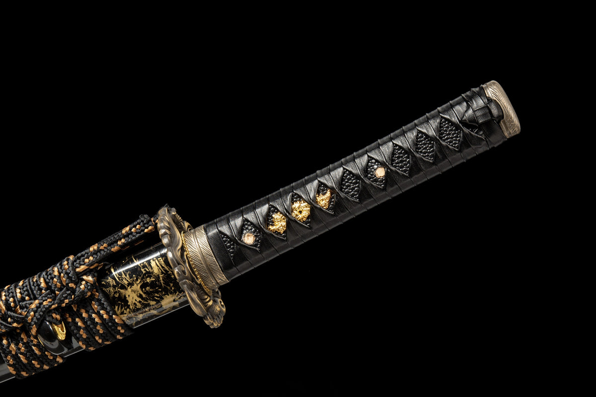 Handmade Full Tang Wakizashi Sword Damascus Steel  Clay Tempered Blade Black printed scabbard - 31 in,Real katana sowrd