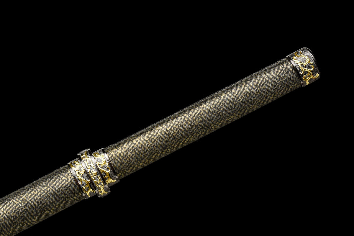 Handgefertigtes Ninjato-Schwert, roter Damaszener-Stahl, Full Tang, Lederscheide und Griff aus Holz mit Lederumwicklung – 104 cm, echtes Katana-Schwert