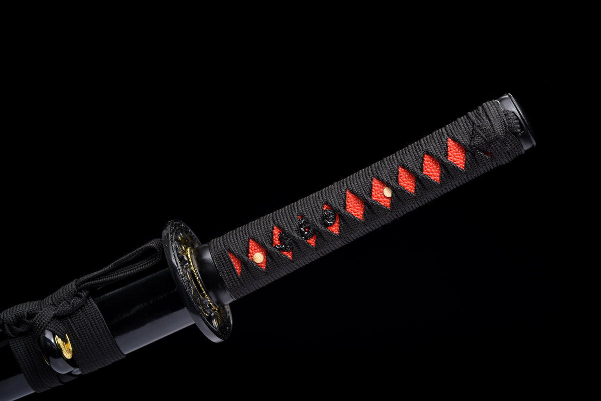 Handgefertigtes Wakizashi-Schwert aus 1045 Kohlenstoffstahl mit schwarzer Scheide – 79 cm, echtes Katana-Schwert
