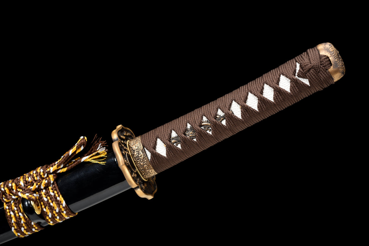 Handgefertigtes Full-Tang-Wakizashi-Schwert, T10-Stahl, Unokubi-Zukuri-Klingenstil, lehmgehärtete Klinge, schwarz bedruckte Scheide - 79 cm, echtes Katana-Schwert