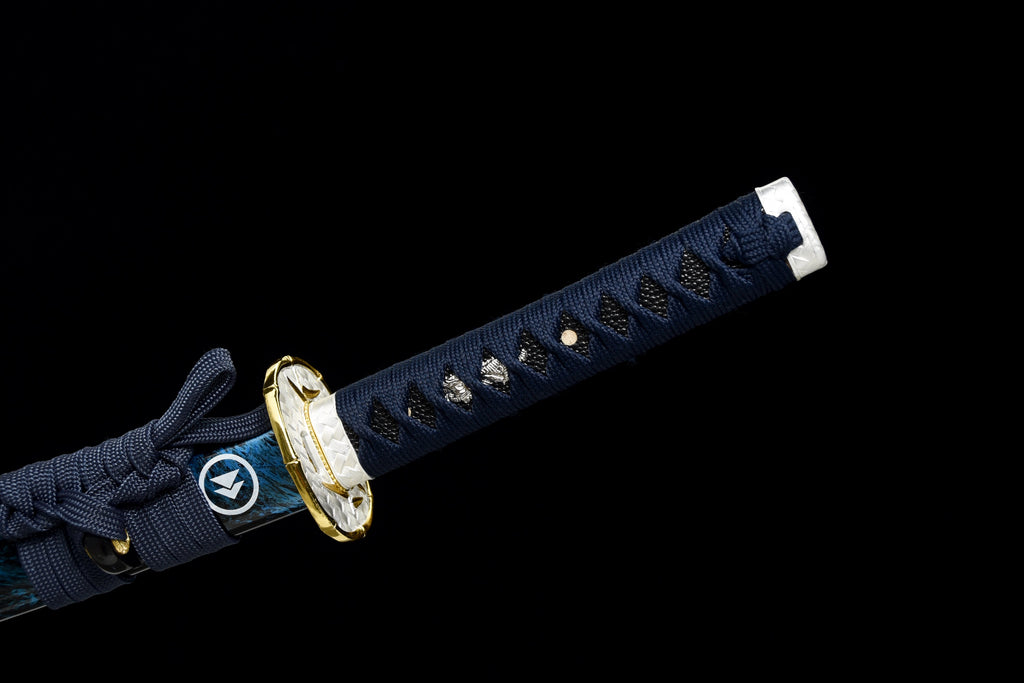 Handgefertigtes Full-Tang-Wakizashi-Schwert, Klinge aus T10-Kohlenstoffstahl, lehmgehärtet, blaue Scheide – 79 cm, echtes Katana-Schwert