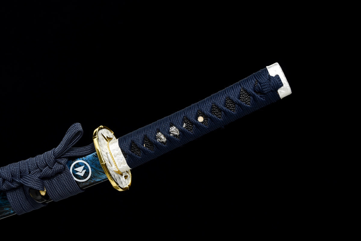 Handgefertigtes Full-Tang-Wakizashi-Schwert, Klinge aus T10-Kohlenstoffstahl, lehmgehärtet, blaue Scheide – 79 cm, echtes Katana-Schwert