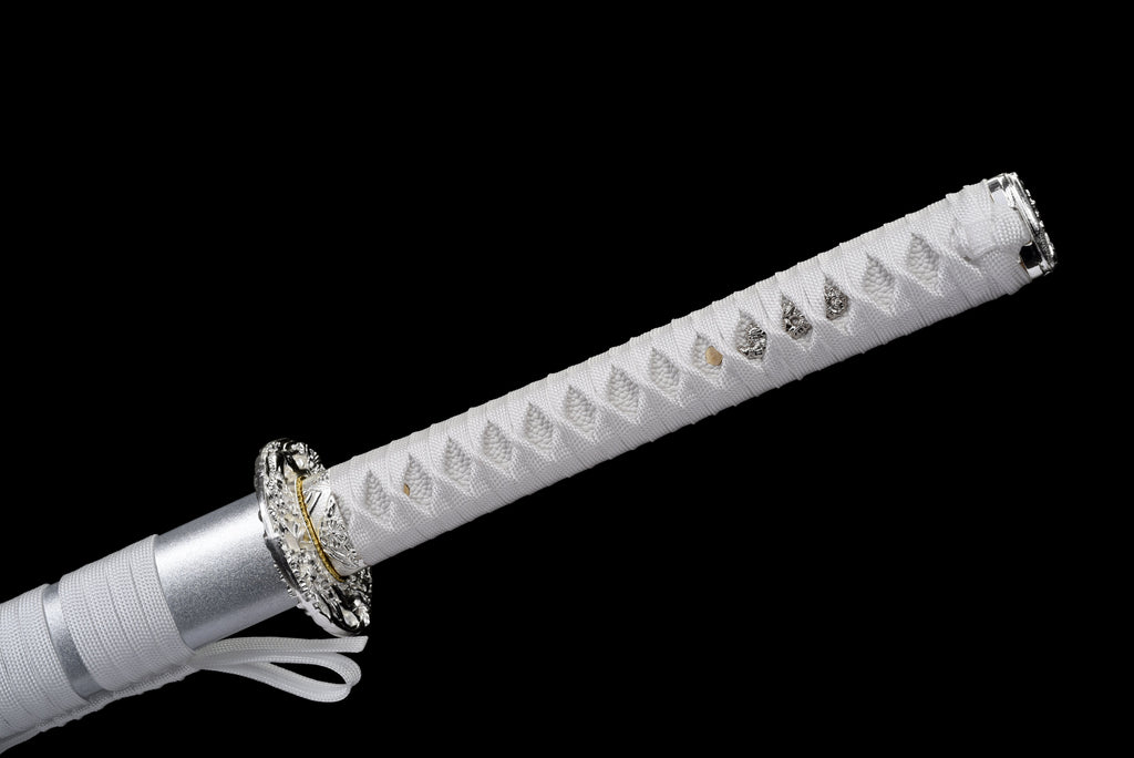 Handgefertigtes Ninja-Schwert, Klinge aus Federstahl, Full Tang, weiß bedruckte Scheide - 104 cm, echtes Katana-Schwert
