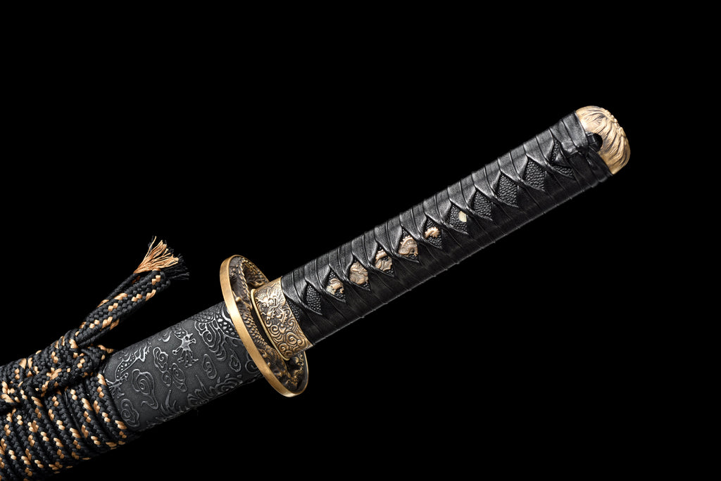 Handgefertigtes Wakizashi-Schwert aus rotem Damaszener Stahl mit schwarzer Lederscheide – 79 cm, echtes Katana-Schwert