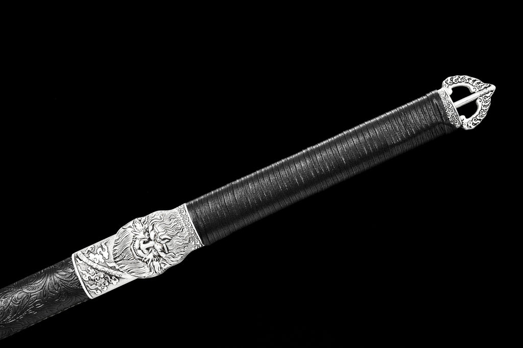 Handgefertigtes Ninja-Schwert, Federstahl, blaue Klinge, Full Tang, schwarze Lederscheide – 107 cm, echtes Katana-Schwert