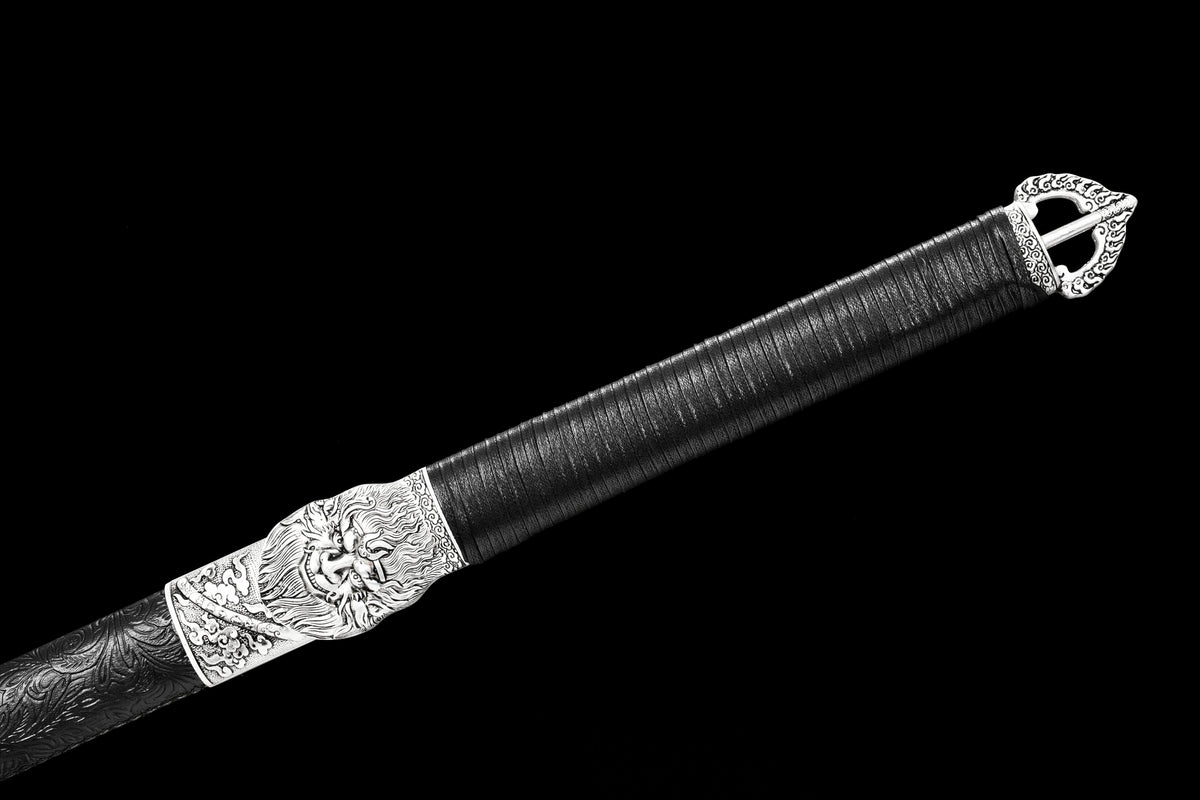 Handgefertigtes Ninja-Schwert, Federstahl, blaue Klinge, Full Tang, schwarze Lederscheide – 107 cm, echtes Katana-Schwert