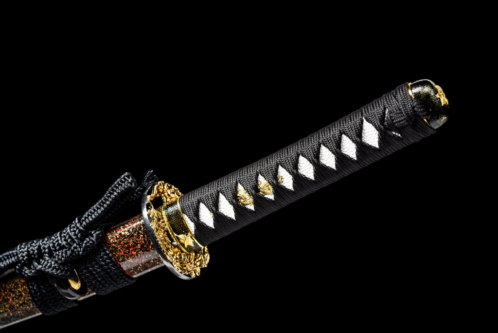 Handgefertigtes Wakizashi-Schwert, roter Damaszenerstahl mit Chroma-Scheide - 79 cm, echtes Katana-Schwert