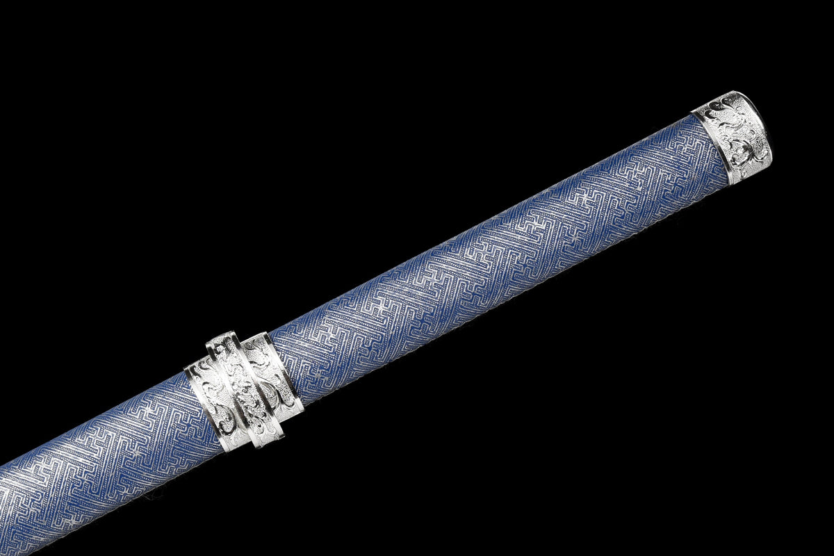 Handgefertigtes Ninja-Schwert, Manganstahl, blaue Klinge, Full-Tang, blau bedruckte Scheide – 104 cm, echtes Katana-Schwert