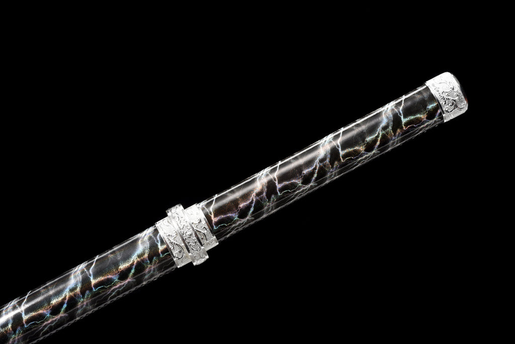 Handgefertigtes Ninja-Schwert, Manganstahl, blaue Klinge, Full Tang, Scheide mit blauem Blitz-Motiv – 104 cm, echtes Katana-Schwert