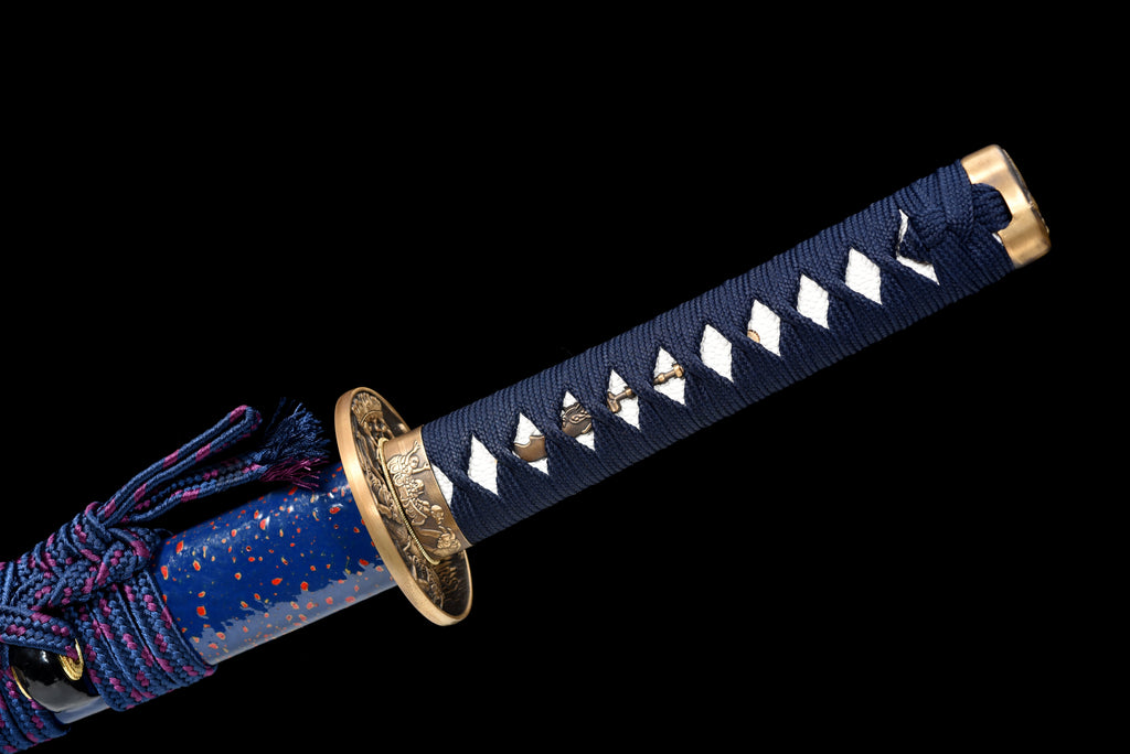 Handgefertigtes Full-Tang-Wakizashi-Schwert, Klinge aus T10-Kohlenstoffstahl, differenziell gehärtet, blau gepunktete Scheide – 79 cm, echtes Katana-Schwert