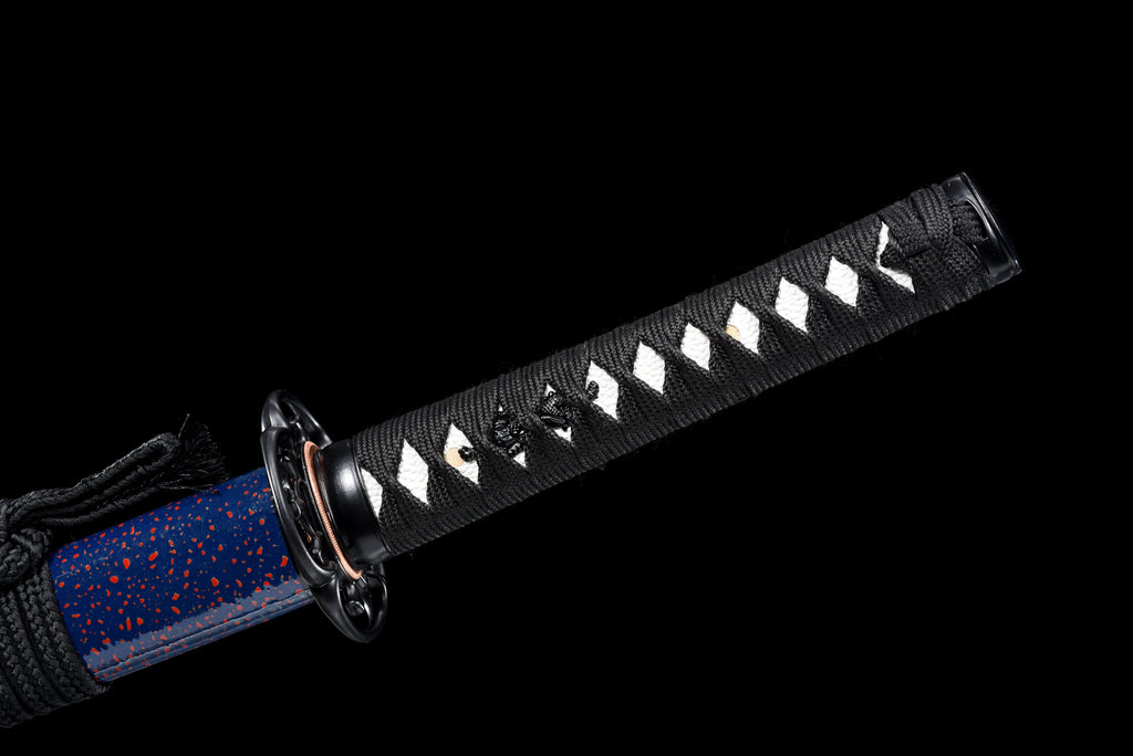 Handgefertigtes Wakizashi-Schwert, roter Damaszener-Stahl mit blauer Scheide – 79 cm, echtes Katana-Schwert
