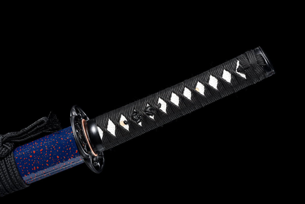 Handgefertigtes Wakizashi-Schwert, roter Damaszener-Stahl mit blauer Scheide – 79 cm, echtes Katana-Schwert