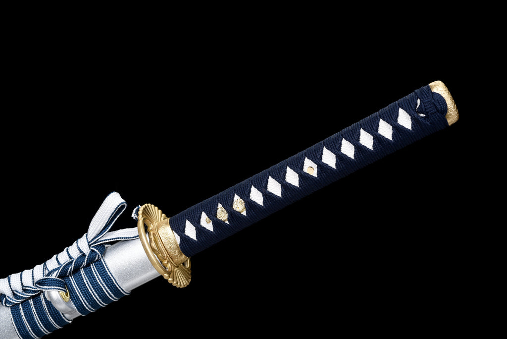 Handmade Ninjato Sword Red Damascus steel steel Full Tang White printing scabbard Blue rope handle white ray skin  - 41 in,Real katana sowrd