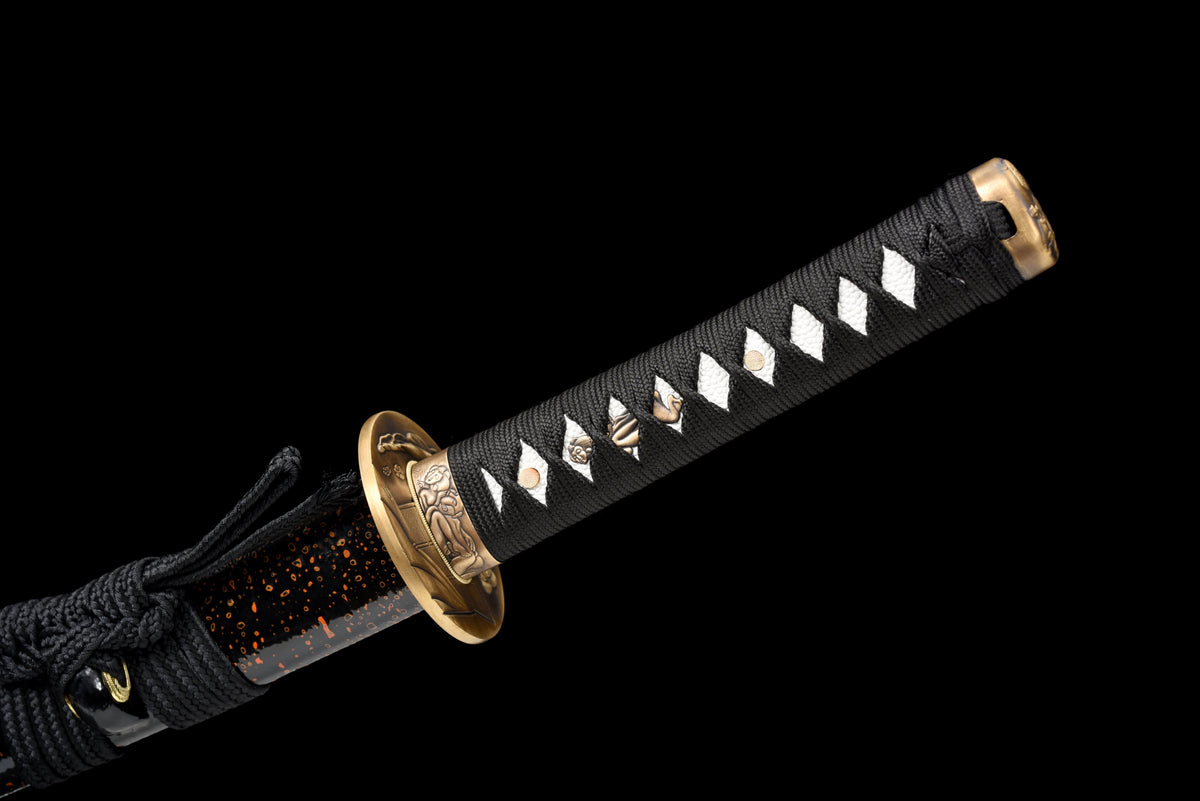 Handgefertigtes Wakizashi-Schwert, blauer Damaszener-Stahl mit schwarzer Scheide – 79 cm, echtes Katana-Schwert