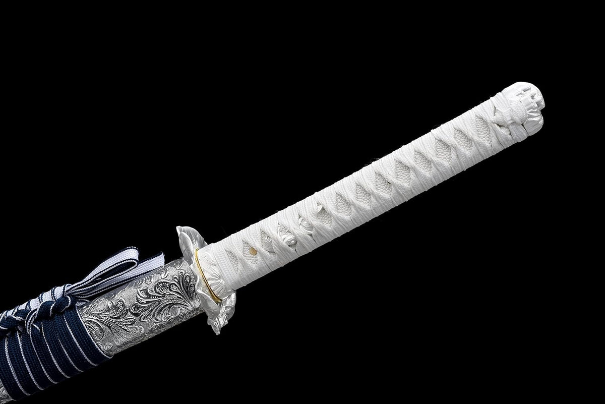 Handgefertigtes japanisches Samuraischwert, 41-Zoll-Katana mit durchgehendem Erl, Federstahl, flexibel und elastisch, hohe Zähigkeit, weiß, scharf