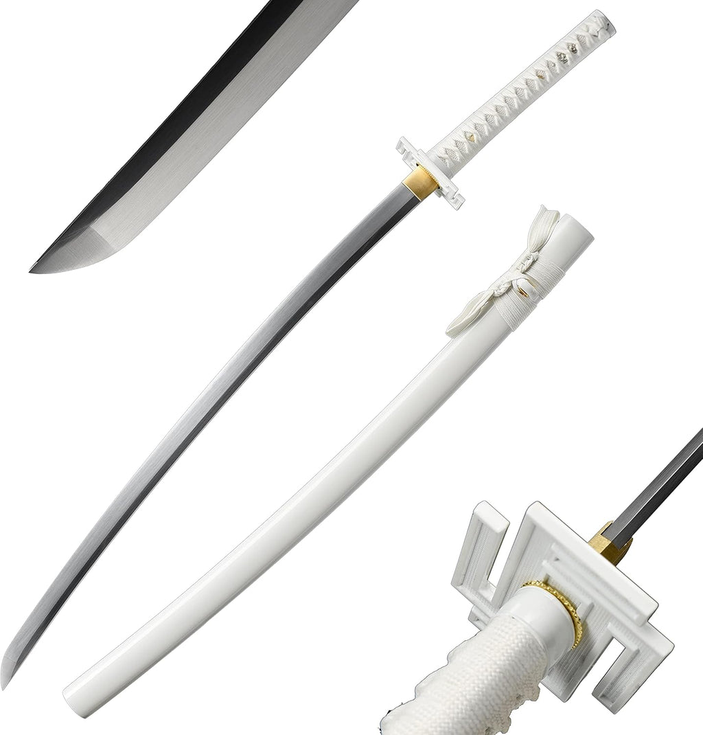 Ichigo Kurosaki, Full Tang 41 Zoll Cosplay handgeschmiedetes Katana-Schwert, 1060 Kohlenstoffstahl Schwarz und Weiß, sehr scharf – Anime-Schwert (Weiß)