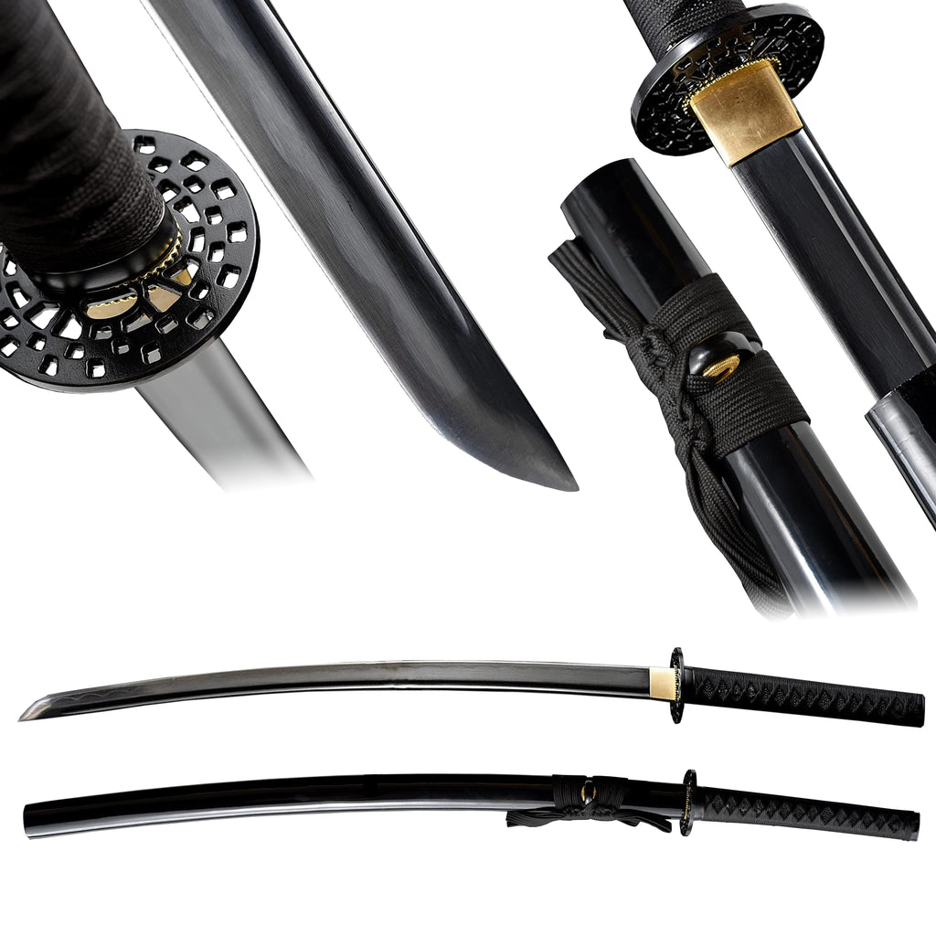 Handgefertigtes Katana aus 9260 Federstahl, Full Tang, schwarzes Katana, echtes Katana-Schwert