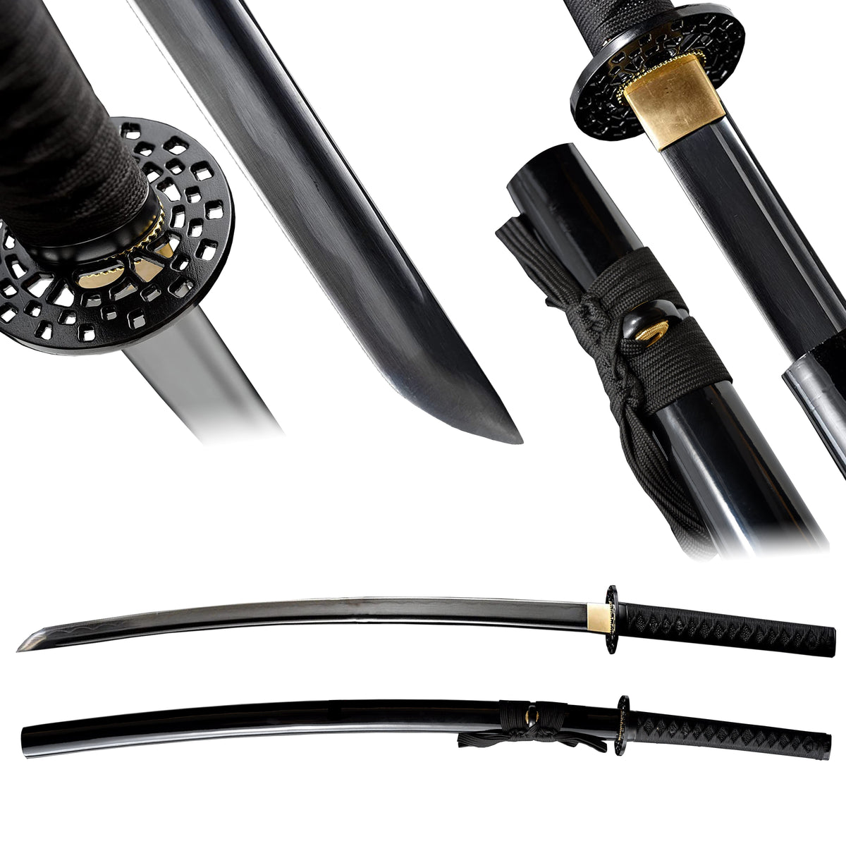 Handgefertigtes Katana aus 9260 Federstahl, Full Tang, schwarzes Katana, echtes Katana-Schwert