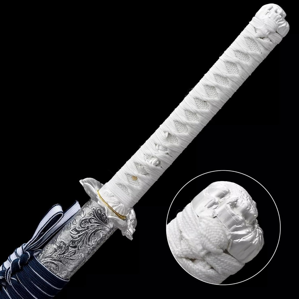 Handgefertigtes japanisches Samuraischwert, 41-Zoll-Katana mit durchgehendem Erl, Federstahl, flexibel und elastisch, hohe Zähigkeit, weiß, scharf