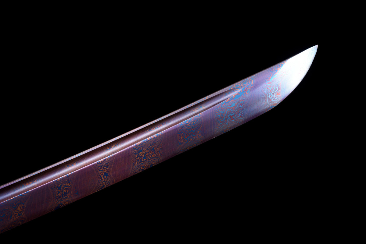 Handgefertigtes Wakizashi-Schwert, roter Damaszener-Stahl mit blauer Scheide – 79 cm, echtes Katana-Schwert