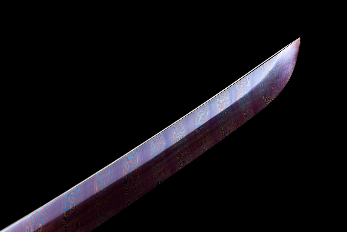 Handgefertigtes Wakizashi-Schwert, roter Damaszenerstahl mit Chroma-Scheide - 79 cm, echtes Katana-Schwert