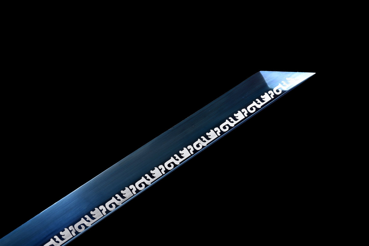 Handgefertigtes Ninja-Schwert, Federstahl, blaue Klinge, Full Tang, schwarze Lederscheide – 107 cm, echtes Katana-Schwert