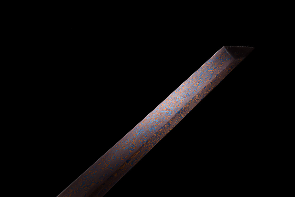 Handmade Ninjato Sword Red Damascus steel steel Full Tang White printing scabbard Blue rope handle white ray skin  - 41 in,Real katana sowrd