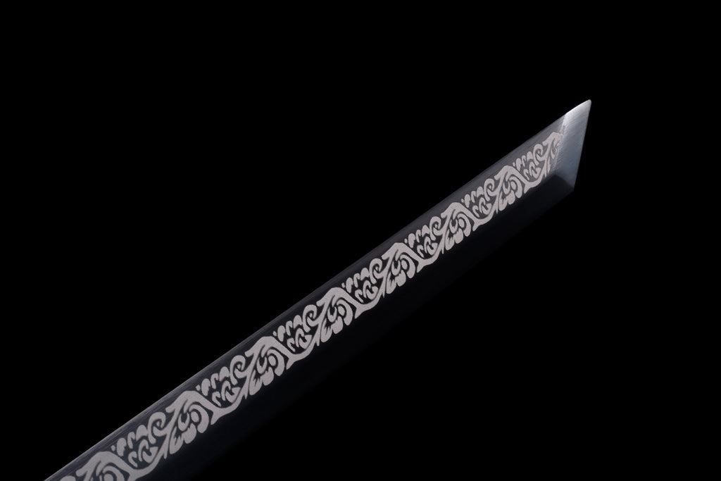 Handgefertigtes Ninjato-Schwert, Federstahl, schwarze Klinge, Full Tang, schwarze Scheide - 100,8 cm, echtes Katana-Schwert