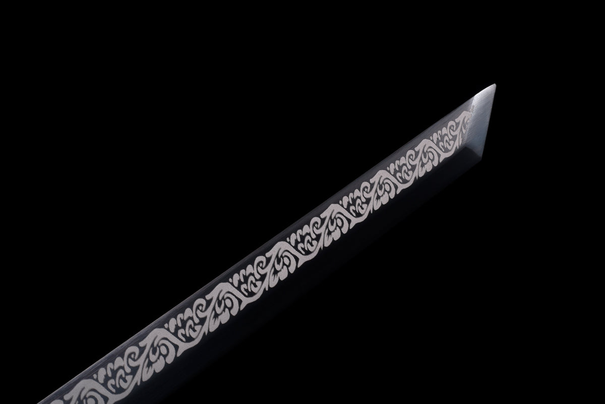 Handgefertigtes Ninjato-Schwert, Federstahl, schwarze Klinge, Full Tang, schwarze Scheide - 100,8 cm, echtes Katana-Schwert