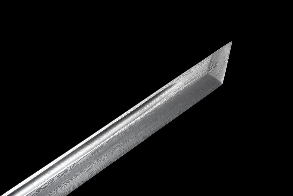 Handgefertigtes Ninjato-Schwert aus Damaszener Stahl, Full Tang, goldene Lederscheide mit schwarzer Kordelwicklung, echtes Katana-Schwert