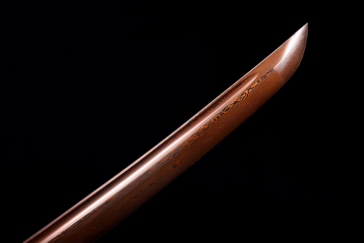 Handgefertigtes Wakizashi-Schwert aus rotem Damaszener Stahl mit schwarzer Lederscheide – 79 cm, echtes Katana-Schwert
