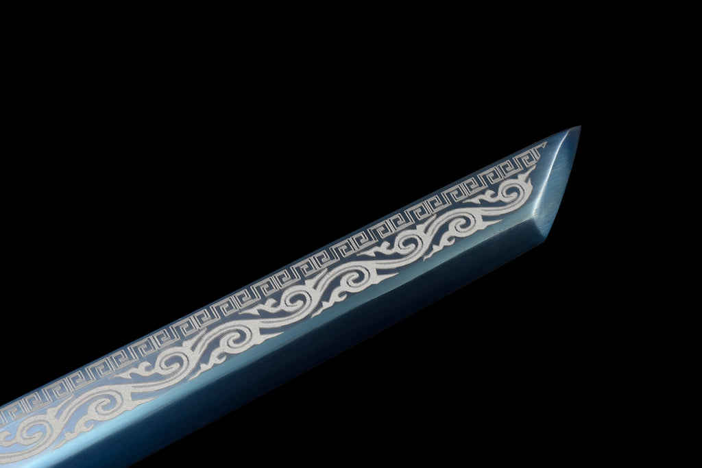 Handgefertigtes Ninja-Schwert, Manganstahl, blaue Klinge, Full Tang, blau bedruckte Scheide - 104 cm, echtes Katana-Schwert