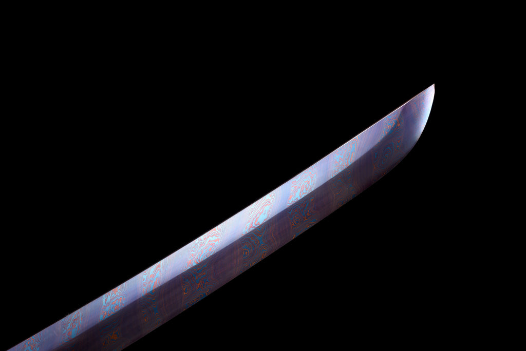Handgefertigtes Wakizashi-Schwert, blauer Damaszener-Stahl mit schwarzer Scheide – 79 cm, echtes Katana-Schwert